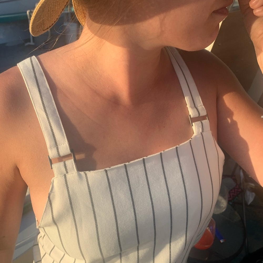 White with black pin striped dress with slits